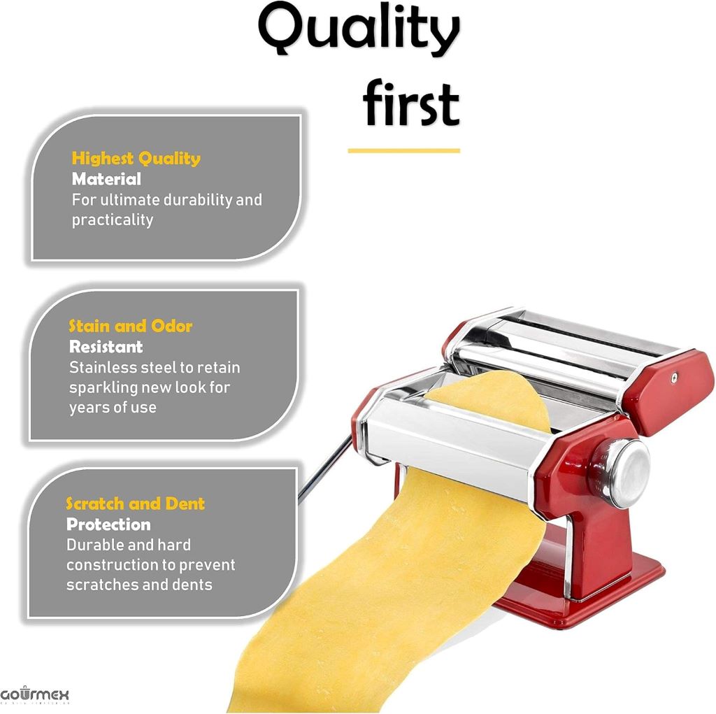 Homemade pasta being made with the durable GOURMEX stainless steel pasta maker.