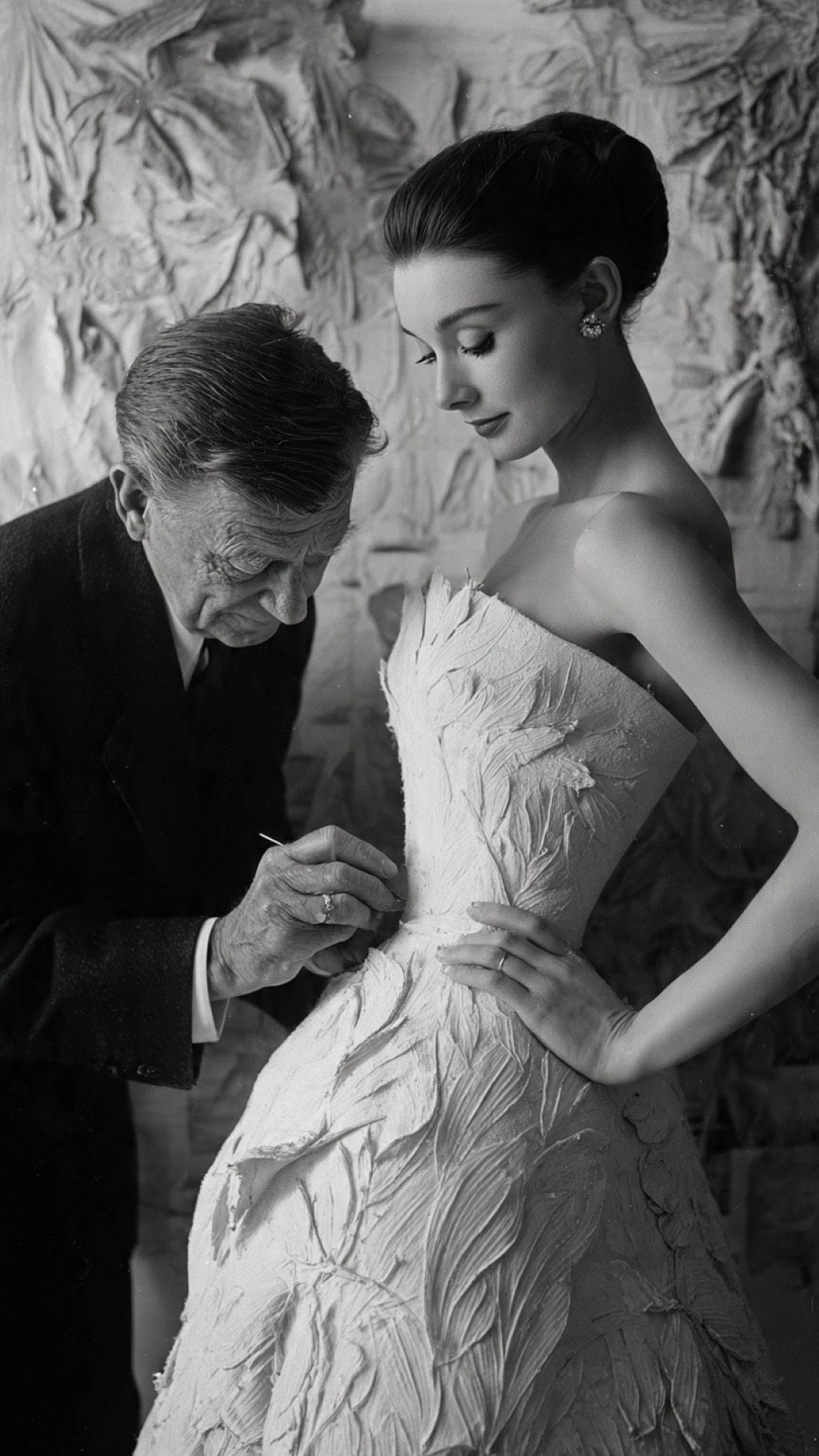 Hubert de Givenchy adjusting the fit of a custom gown on Audrey Hepburn in his fashion atelier