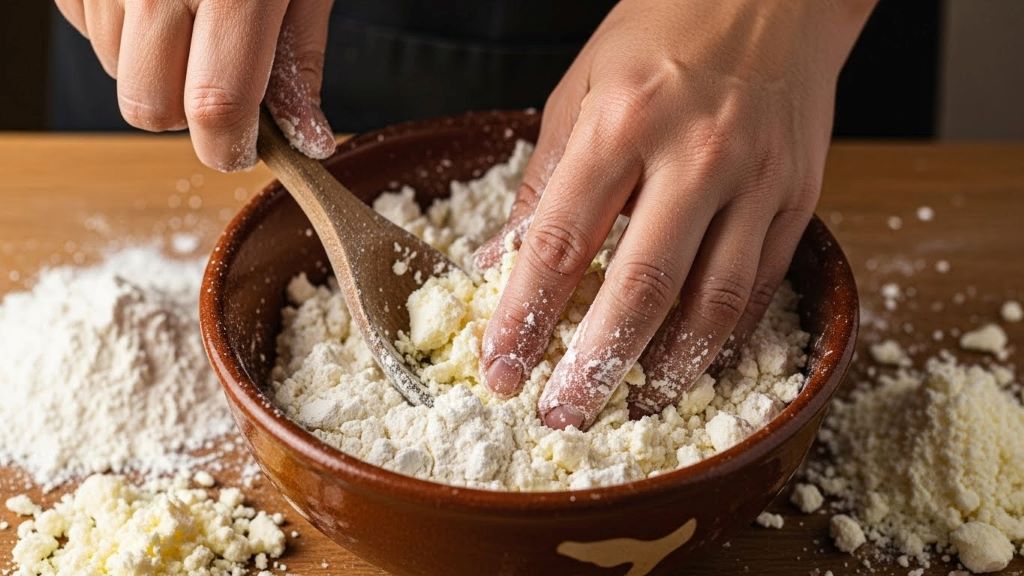 Hands mixing cassava starch and crumbled cheese for authentic mbeju preparation in ceramic bowl