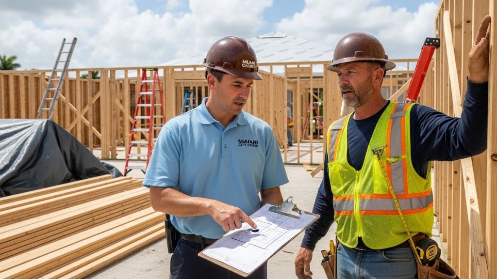 Construction contractor discussing building code compliance requirements with Miami Gardens inspector at active residential construction site