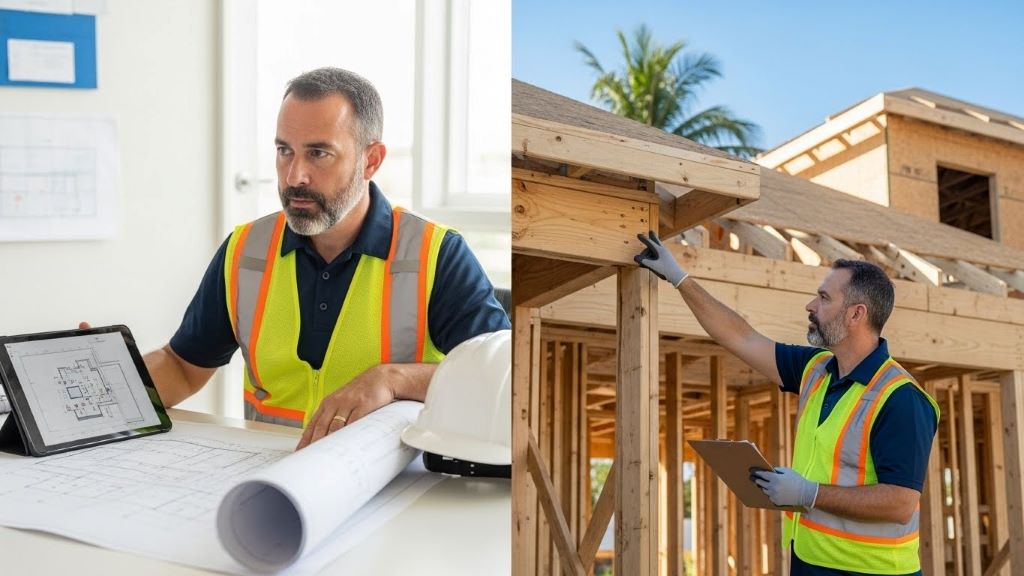 Miami Gardens building inspector reviewing construction plans and examining residential property structure during official safety inspection