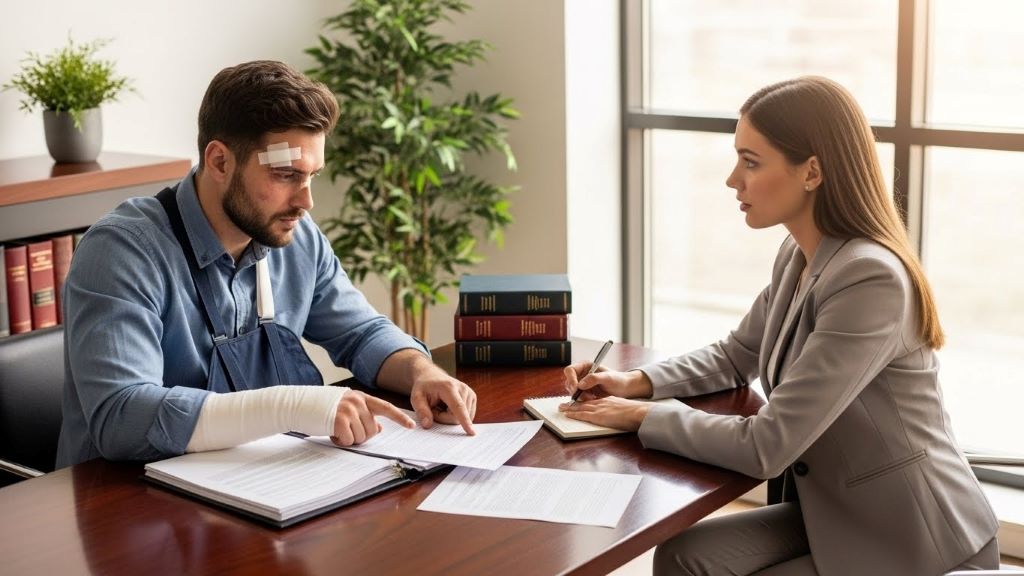 Injured car accident victim reviewing legal documents with attorney discussing long-term injury compensation options