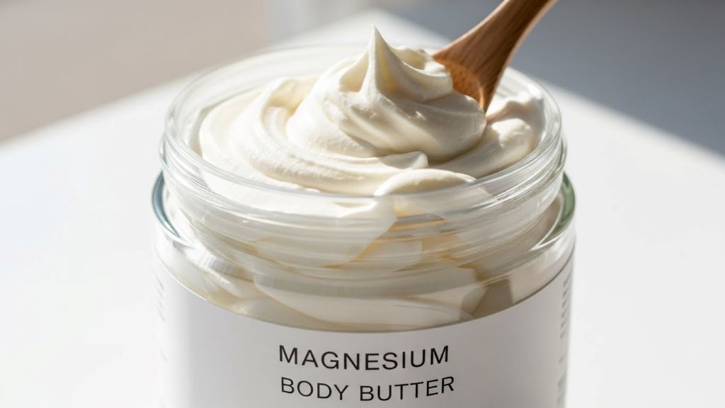 Whipped magnesium body butter in glass jar showing smooth, fluffy texture with wooden spoon