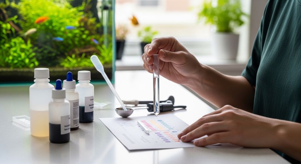 Hobbyist using a liquid aquarium test kit to check water parameters at home