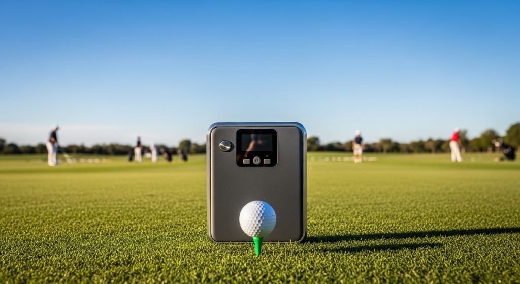 A compact portable golf launch monitor placed behind a golf ball on an outdoor driving range with a clear blue sky in the background.