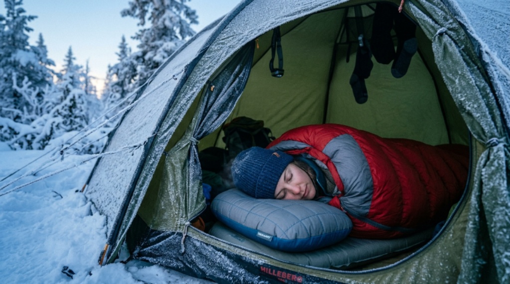 Camper sleeping comfortably on an insulated pillow in a cold-weather tent with frost visible outside