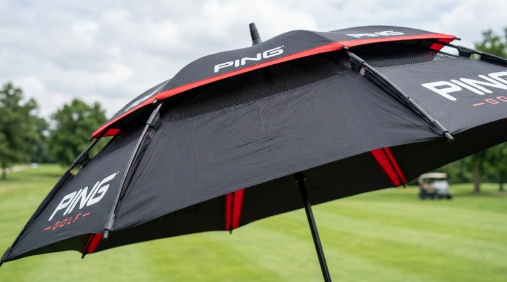 Close-up of an open extra-large golf umbrella canopy showing double-layer vented wind-resistant design
