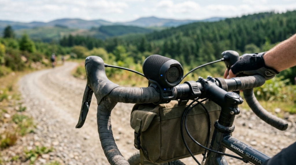 Close-up of a compact bike-mounted speaker attached to a touring bicycle handlebar on an open trail