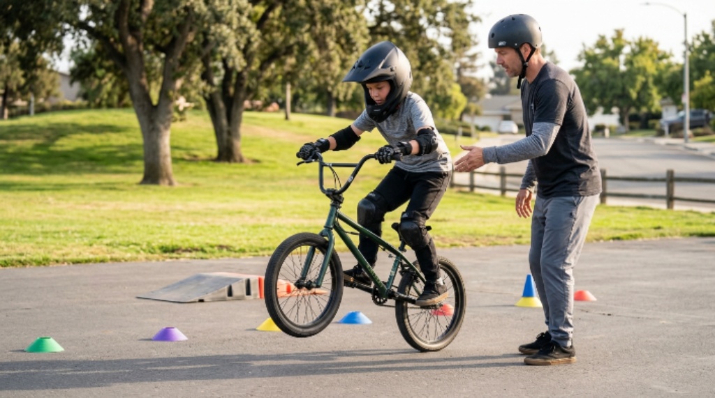 Beginner learning BMX tricks safely