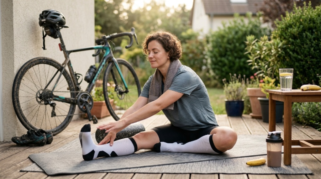 Cyclist following post-ride recovery habits after cycling