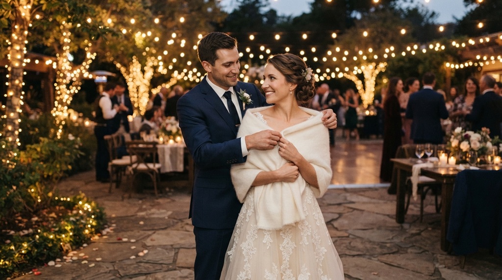 Groom wrapping a warm cashmere shawl around bride at cold evening reception.