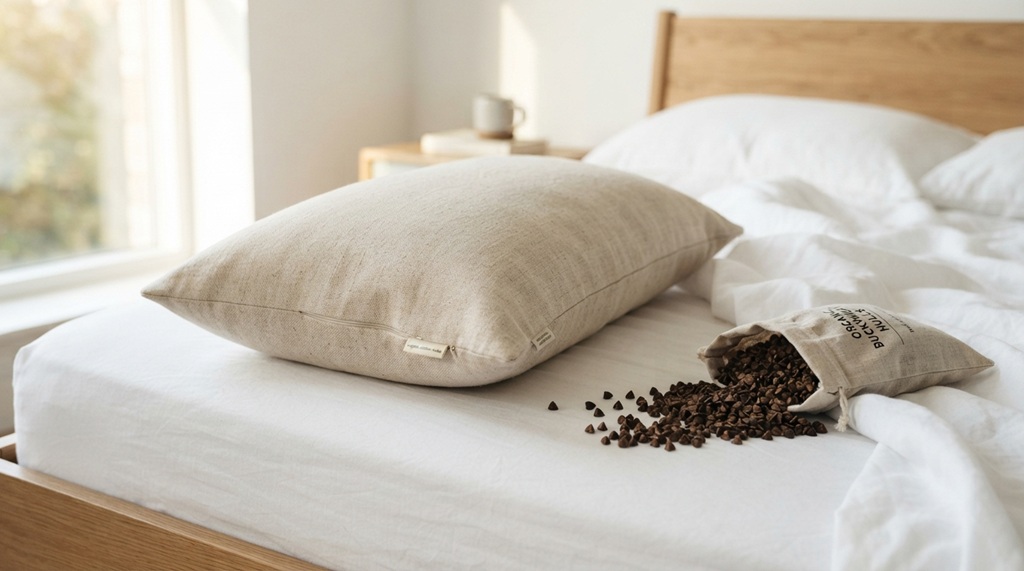 Organic cotton buckwheat pillow on white bed sheets for natural neck support.