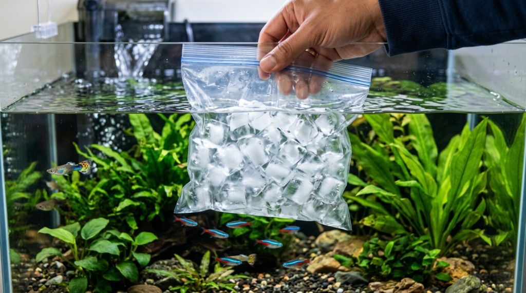 A small cooling fan attached to the rim of a freshwater aquarium.