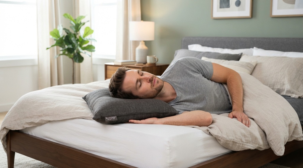 Man sleeping on side showing proper neck alignment with buckwheat pillow.