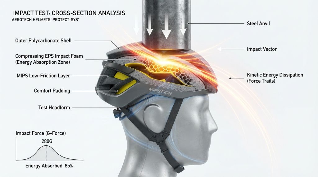 Helmet impact protection showing energy absorption