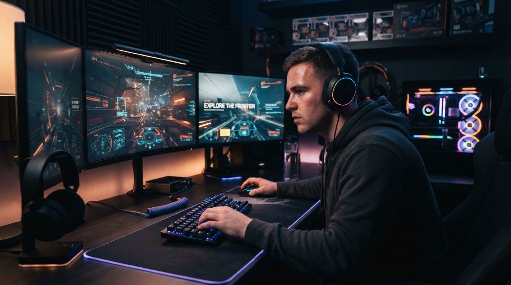 Gamer using essential equipment for an improved gaming experience