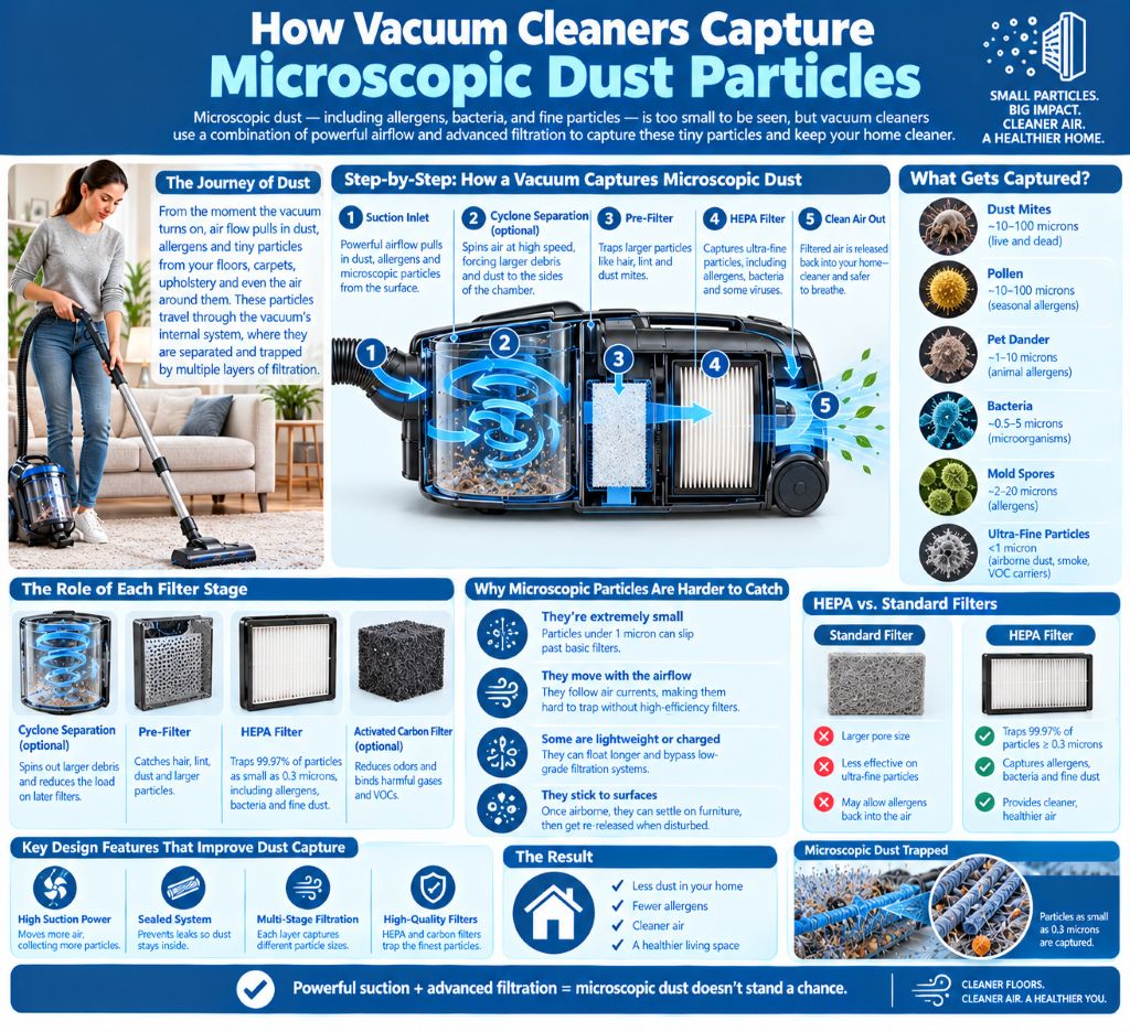 How vacuum cleaners capture microscopic dust particles
