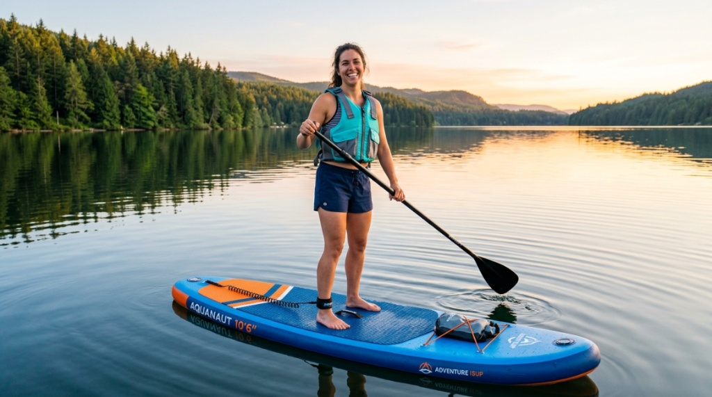 Woman carrying a rolled-up budget iSUP inside a travel backpack near water.