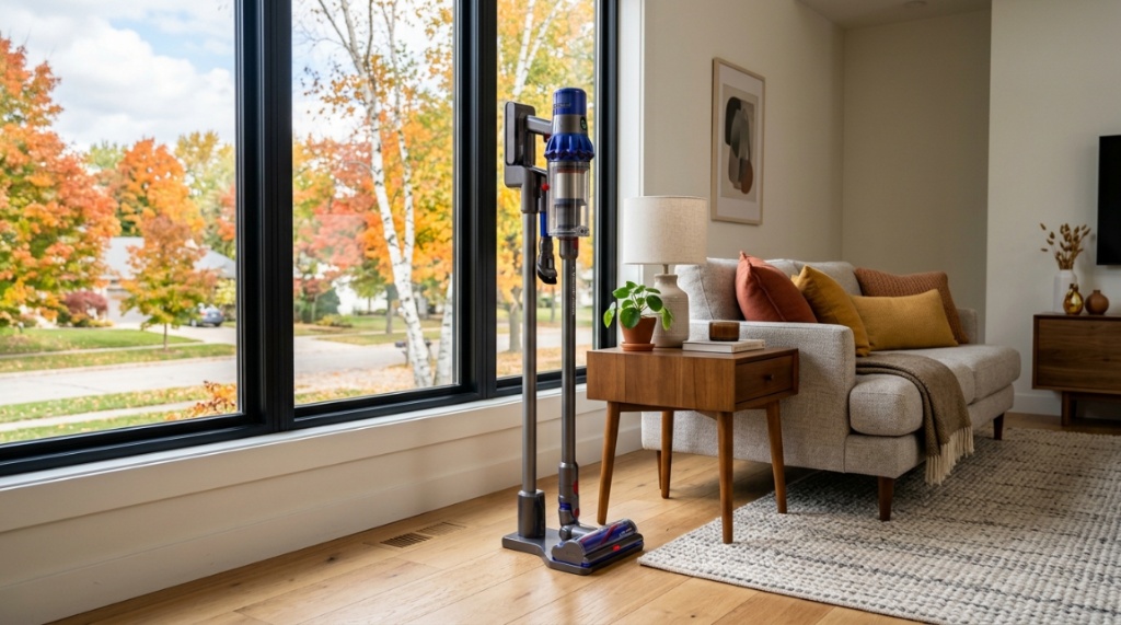 Modern cordless vacuum standing upright in a bright Michigan living room.