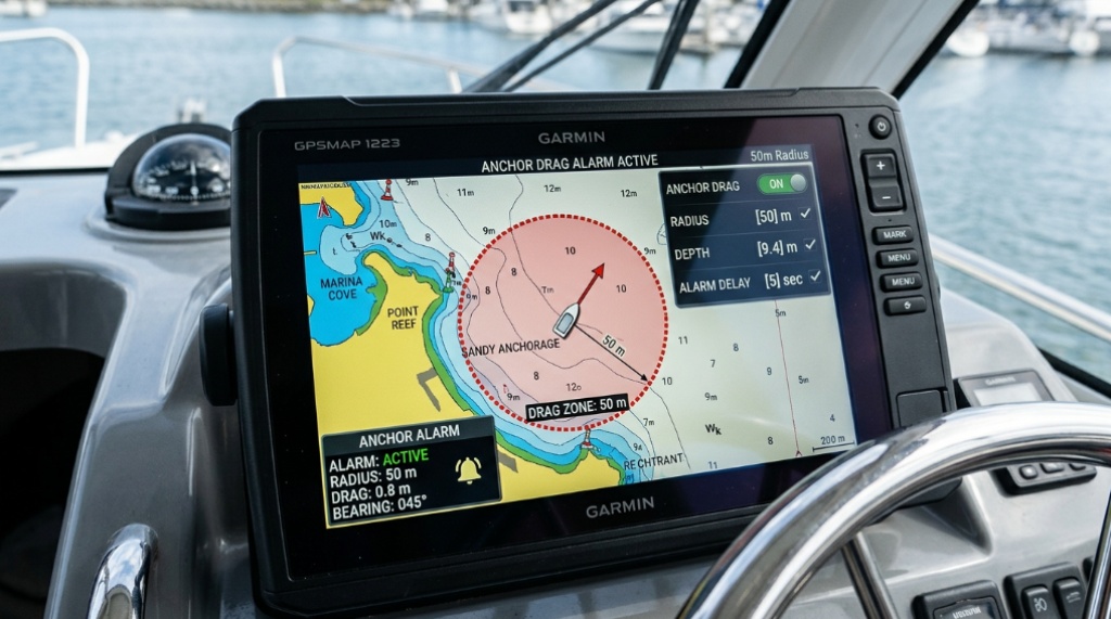 Marine GPS plotter screen showing anchor drag alarm settings.