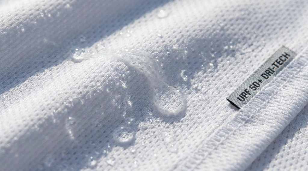 Close-up of breathable moisture-wicking UPF shirt fabric.
