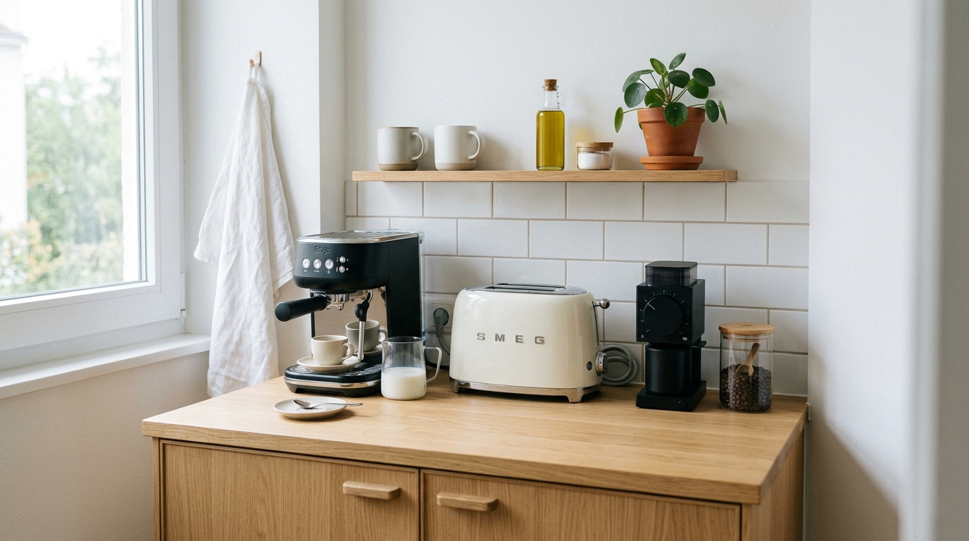Compact coffee maker and toaster on a small kitchen counter.