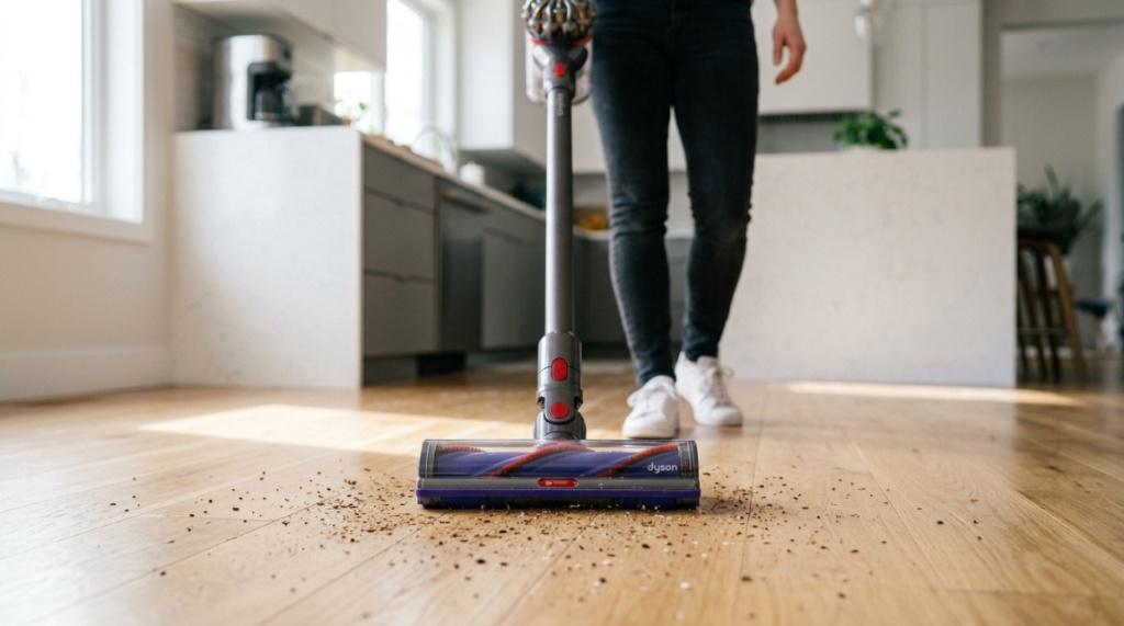 Person cleaning hardwood floors with a lightweight cordless vacuum cleaner.
