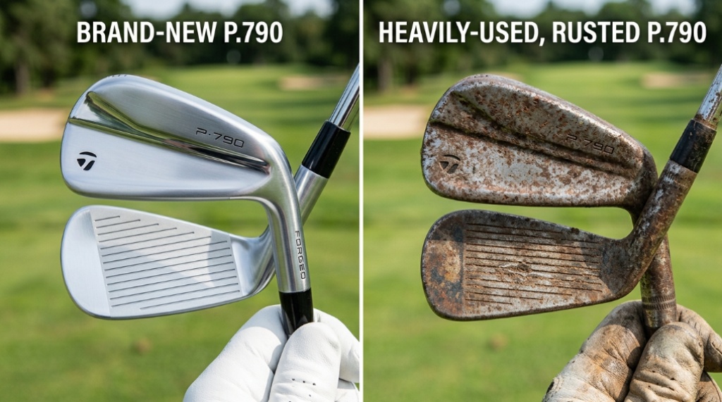 Golfer cleaning worn wedge club grooves with a wire brush.