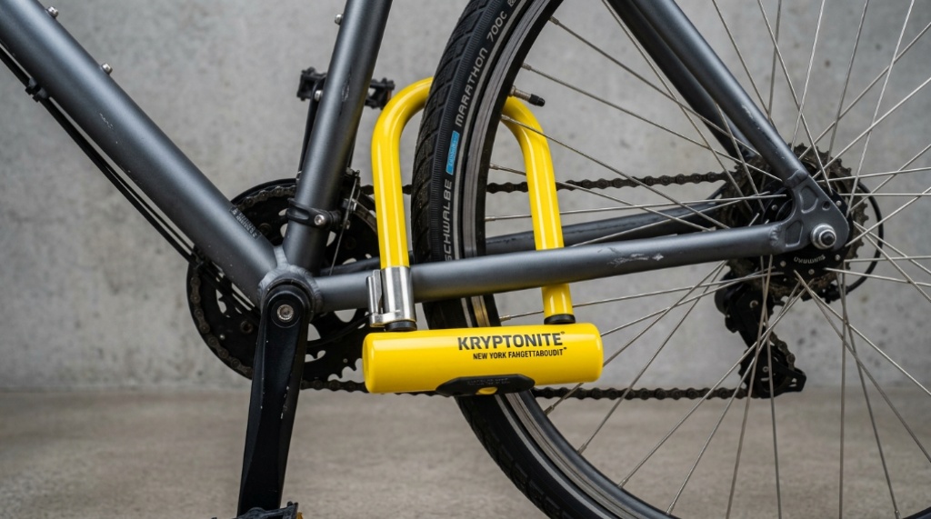 Close-up of a sturdy yellow U-lock securing a bike frame.
