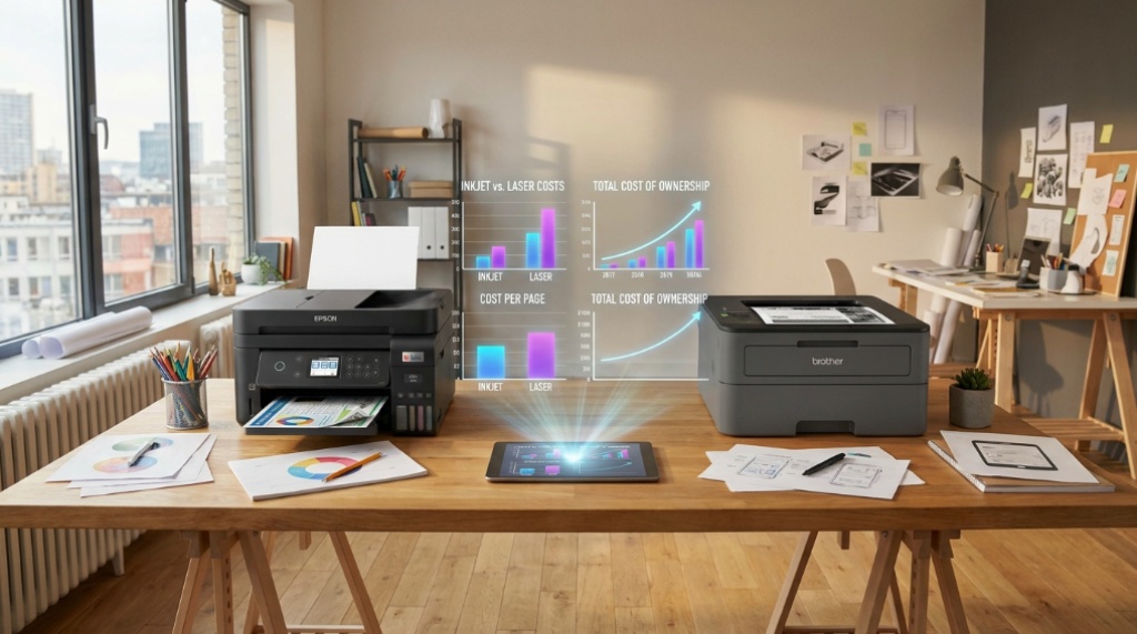 Inkjet and laser printers on a home office desk with cost charts.