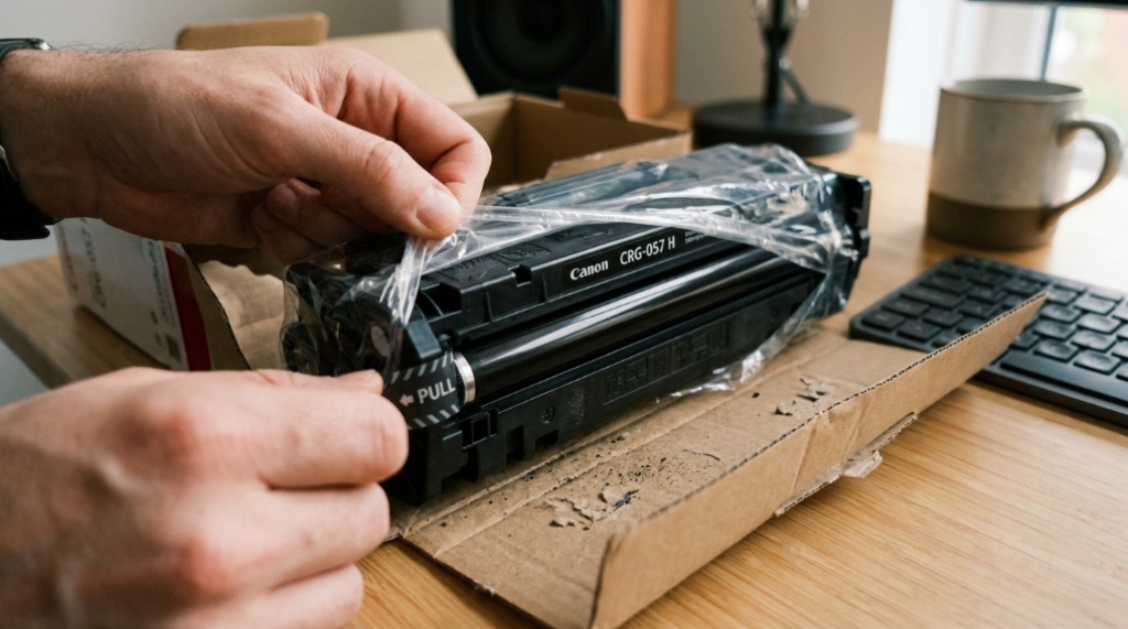 Office worker opening a new black laser toner cartridge.
