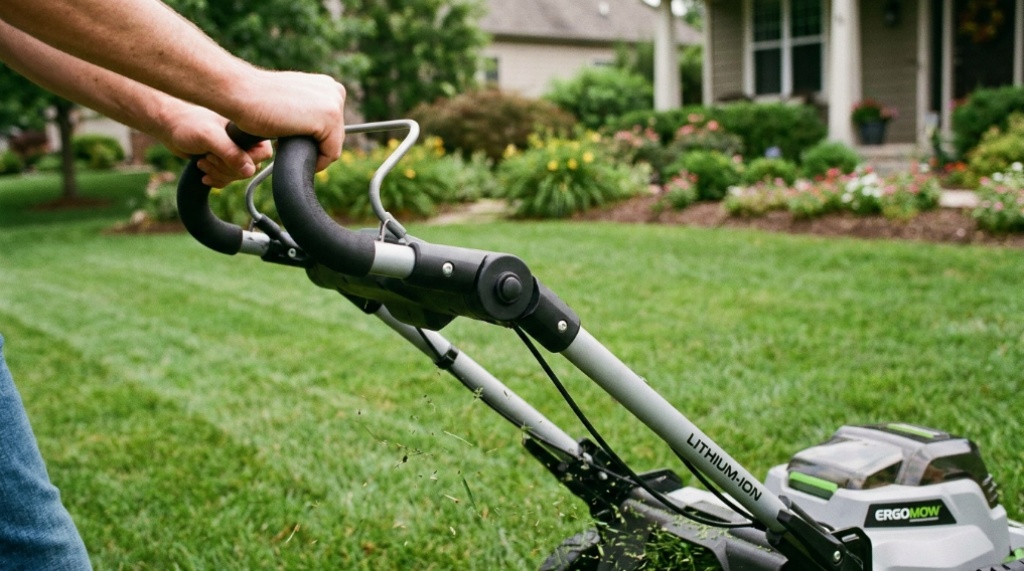 Modern cordless lawn mower cutting green grass in backyard