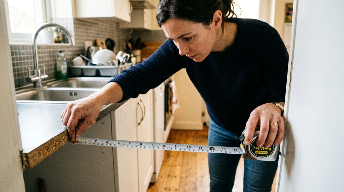 Person measuring a small kitchen counter with a tape measure.