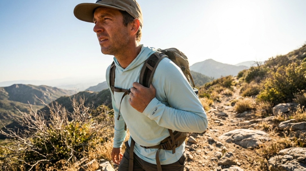 Man hiking outdoors wearing a blue UPF 50 sun shirt.