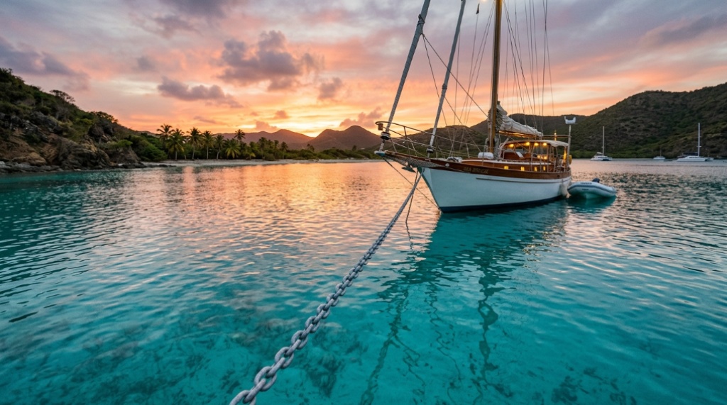 ailboat securely anchored in a calm bay at sunset.