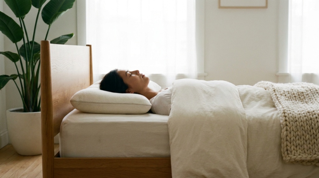 Plush white pillow filling next to a spine model.