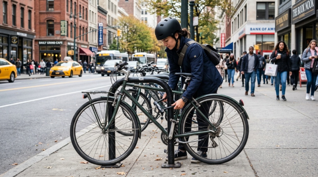 Urban cyclist locking a bicycle securely to a metal street rack.