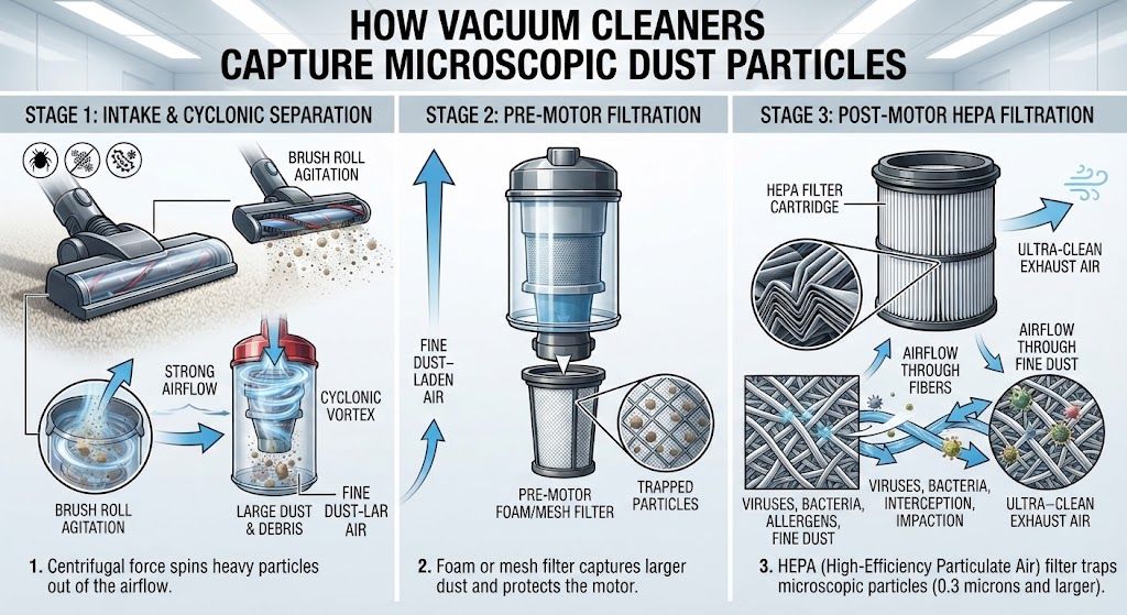Airflow and filtration for microscopic dust capture
